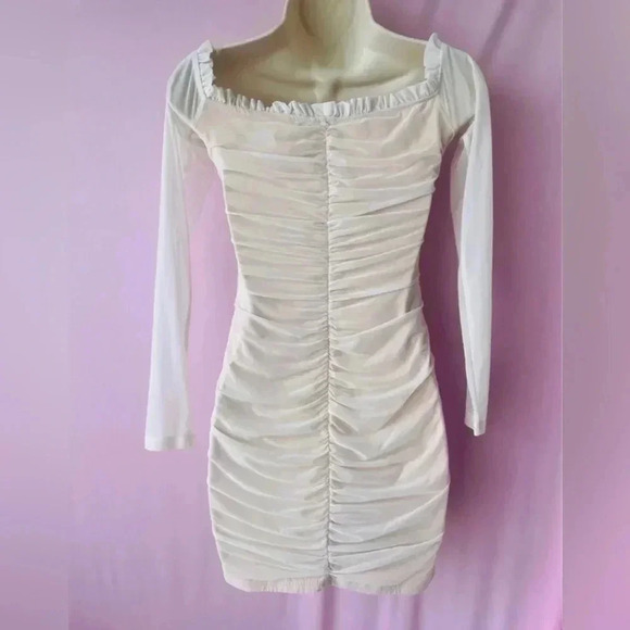 Fashion Nova Maura Mesh Off Shoulder White / Nude Dress L - Picture 4 of 11